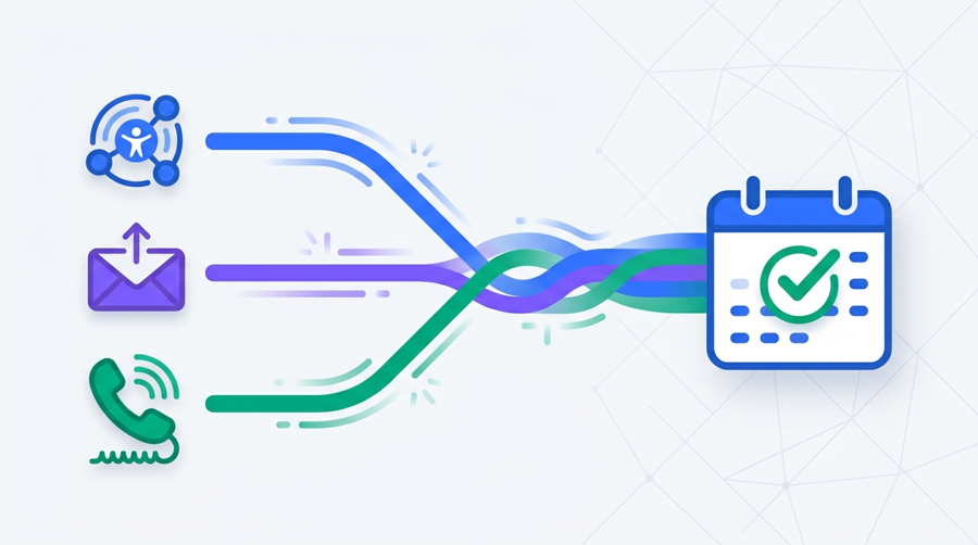 Infographic: three outreach channels converge into one calendar meeting